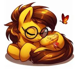 Size: 1724x1524 | Tagged: safe, ai content, derpibooru import, machine learning generated, oc, oc:yuris, pegasus, pony, derpibooru exclusive, ears up, eyes closed, female, glasses, image, jpeg, lies, simple background, slipping, solo, white background