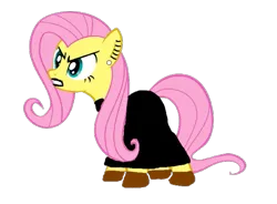 Size: 583x428 | Tagged: artist needed, safe, derpibooru import, edit, edited screencap, screencap, fluttershy, pegasus, pony, 1000 hours in ms paint, angry, black dress, black lipstick, clothes, dress, ear piercing, earring, female, g4, image, jewelry, lipstick, low effort, piercing, png, shoes, simple background, solo, transparent background