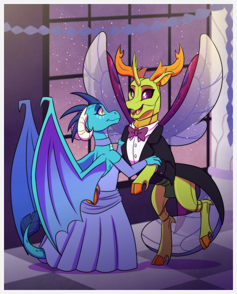 Size: 1181x1464 | Tagged: safe, artist:inuhoshi-to-darkpen, derpibooru import, princess ember, thorax, changedling, changeling, dragon, clothes, cloven hooves, commission, dancing, dragoness, dress, duo, duo male and female, embrax, exoskeleton, female, grand galloping gala, image, king thorax, male, open mouth, open smile, png, shipping, smiling, spread wings, straight, tuxedo, wings