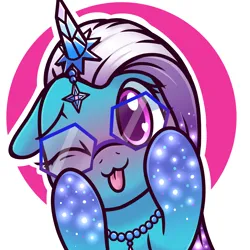 Size: 3000x3000 | Tagged: safe, artist:magician-horse, derpibooru import, pony, g5, :3, auroricorn, blushing, bust, coat markings, comet (g5), cometbetes, floppy ears, glasses, hooves on cheeks, image, jewelry, male, necklace, one eye closed, png, simple background, smiling, socks (coat marking), solo, stallion, tongue out, wink