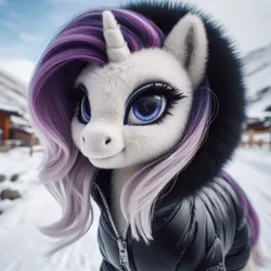 Size: 1024x1024 | Tagged: safe, ai content, machine learning generated, ponerpics import, ponybooru import, rarity, pony, unicorn, alternate hairstyle, bing, clothed ponies, clothes, female, fluffy, image, jpeg, mare, snow, solo, winter outfit