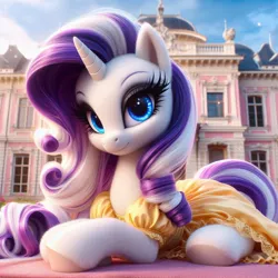 Size: 1024x1024 | Tagged: safe, ai content, machine learning generated, ponerpics import, ponybooru import, rarity, pony, unicorn, alternate hair color, bing, clothed ponies, clothes, dress, female, image, jpeg, looking at you, lying down, lying on the ground, mare, on ground, prone, smiling, smiling at you, solo, yellow dress