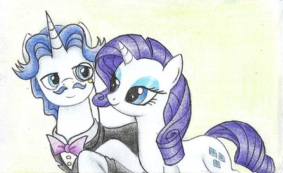 Size: 409x250 | Tagged: safe, artist:islamilenaria, ponerpics import, ponybooru import, fancypants, rarity, pony, unicorn, female, image, male, mare, png, raripants, shipping, stallion, straight, traditional art