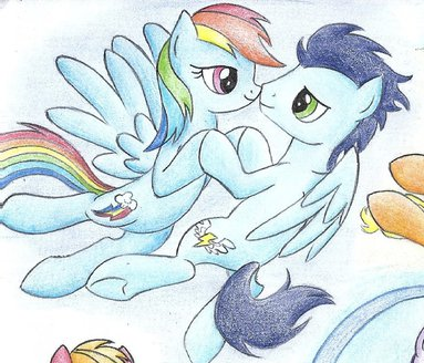 Size: 383x328 | Tagged: safe, artist:islamilenaria, ponerpics import, ponybooru import, rainbow dash, soarin', pegasus, pony, female, image, male, mare, png, shipping, soarindash, stallion, straight, traditional art