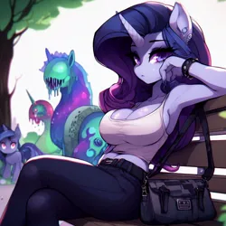 Size: 1024x1024 | Tagged: safe, ai content, derpibooru import, machine learning generated, rarity, anthro, unicorn, big breasts, breasts, busty rarity, clothes, female, g4, horror, image, jpeg, prompter:horselover fat, purse, sexy, solo, surreal, tanktop