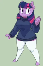Size: 2144x3280 | Tagged: safe, artist:fourpundo, derpibooru import, twilight sparkle, anthro, unguligrade anthro, unicorn, alternate hairstyle, clothes, eyebrows, eyebrows visible through hair, eyelashes, female, g4, hips, image, looking at you, missing horn, multicolored hair, png, purple coat, purple eyes, smiling, smiling at you, socks, solo, stockings, sweater, thigh highs, thighs, thunder thighs, turtleneck, wide hips
