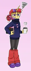 Size: 658x1504 | Tagged: safe, artist:candyvoncaramel, derpibooru import, moondancer, human, unicorn, equestria girls, book, boots, clothes, coffee, frown, glasses, image, jpeg, pink background, shoes, simple background, skirt, solo, standing, sweater