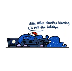 Size: 2550x2522 | Tagged: safe, artist:flutterluv, derpibooru import, princess luna, alicorn, earth pony, pony, christmas, computer, cute, dialogue, eyes closed, female, g4, hat, high res, holiday, image, jpeg, laptop computer, lunabetes, lying down, mare, prone, santa hat, simple background, solo, speech bubble, white background