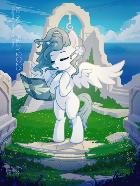 Size: 3000x4000 | Tagged: safe, alternate version, artist:raineve, derpibooru import, oc, unofficial characters only, alicorn, pony, belly, bipedal, cel shading, colored, eyebrows, eyes closed, female, hooves on chest, image, mare, outdoors, png, round belly, ruins, shading, solo, spread wings, standing, white coat, wings