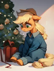 Size: 3072x4096 | Tagged: safe, ai content, derpibooru import, machine learning generated, prompter:jewellier, stable diffusion, applejack, earth pony, pony, applejack's hat, christmas, christmas presents, christmas tree, clothes, cowboy hat, female, generator:purplesmart.ai, hat, holiday, image, jpeg, looking down, mare, present, prompt in description, sad, sitting, tree