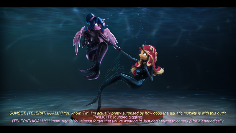 Size: 9600x5400 | Tagged: suggestive, artist:imafutureguitarhero, derpibooru import, sci-twi, sunset shimmer, twilight sparkle, twilight sparkle (alicorn), alicorn, anthro, mermaid, unicorn, series:twilight's sexual deviancy, 3d, absurd file size, absurd resolution, alicornified, black bars, bubble, cheek fluff, chromatic aberration, clothes, colored eyebrows, colored wings, cute, dialogue, dolphin suit, duo, ear fluff, ear freckles, female, film grain, fish tail, fluffy, fluffy hair, fluffy mane, freckles, fur, fused legs, g4, giggling, gurgling, holding breath, holding hands, horn, image, implied transformation, inspired by another artist, jpeg, latex, latex suit, laughing, lesbian, long hair, long mane, looking at each other, looking at someone, mermaid tail, multicolored hair, multicolored mane, nose wrinkle, open mouth, paintover, peppered bacon, race swap, revamped anthros, revamped ponies, sci-twilicorn, shiny, ship:sci-twishimmer, shipping, signature, skintight clothes, smiling, smiling at each other, smiling at someone, source filmmaker, stage.bsp, subtitles, sunsetsparkle, swimming, tail, telepathy, text, two toned wings, underwater, wall of tags, water, wing fluff, wing freckles, wings