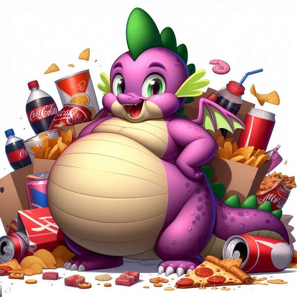 Size: 1024x1024 | Tagged: questionable, ai content, derpibooru import, machine learning generated, prompter:luckyjay7, spike, dragon, belly, big belly, chips, drink, fat, fat spike, food, generator:bing image creator, huge belly, image, jpeg, junk food, open mouth, open smile, pizza, smiling, soda