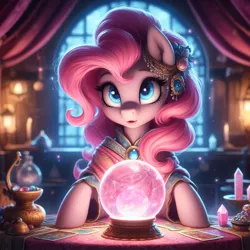 Size: 1024x1024 | Tagged: safe, ai content, derpibooru import, machine learning generated, pinkie pie, earth pony, pony, blurry background, card, clothes, crystal, crystal ball, female, fortune teller, g4, generator:dall-e 3, gypsy pie, image, indoors, jewelry, jpeg, madame pinkie, marbles, mare, prompter:tyto4tme4l, solo, tablecloth, tarot card, window