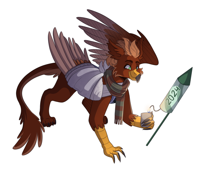 Size: 3300x2800 | Tagged: safe, artist:kikirdcz, derpibooru import, oc, oc:pavlos, unofficial characters only, gryphon, original species, bandage, broken bone, broken wing, fireworks, folded wings, griffon oc, image, injured, male, png, simple background, sling, transparent background, wings