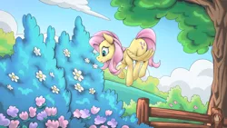 Size: 2560x1440 | Tagged: safe, artist:mysticalpha, derpibooru import, fluttershy, pegasus, pony, bush, female, fence, flower, flying, image, looking at something, mare, png, scenery, solo, tree