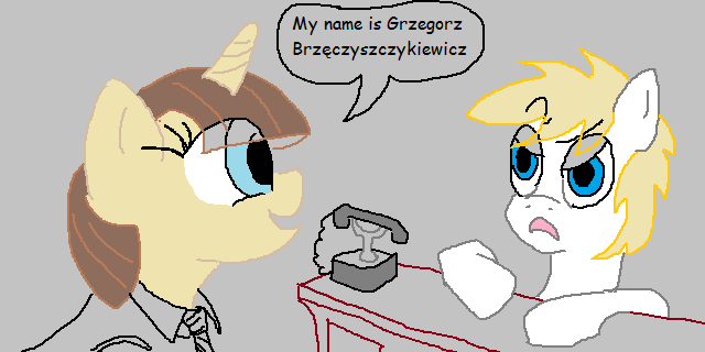 Size: 640x320 | Tagged: safe, artist:anonymous, apple polish, oc, oc:aryanne, earth pony, pony, unicorn, /mlp/, 4chan, background pony, clothes, confused, dialogue, female, gray background, grzegorz brzęczyszczykiewicz, how i unleashed world war ii, image, mare, necktie, png, reference, shirt, simple background, smiling, speech bubble, telephone, vest