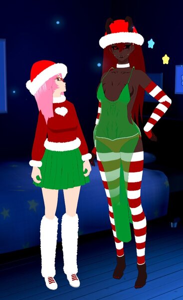 Size: 599x978 | Tagged: safe, artist:mixermike622, derpibooru import, oc, oc:fluffle puff, oc:marksaline, unofficial characters only, human, 3d, breasts, christmas, clothes, duo, duo female, female, gloves, hand on hip, hat, holiday, horns, humanized, humanized oc, image, jpeg, leg warmers, long gloves, panties, santa hat, see-through, siblings, sisters, skirt, socks, striped gloves, striped socks, sweater, underwear