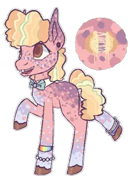 Size: 385x511 | Tagged: safe, artist:xcloudcuckoolanderx, derpibooru import, oc, oc:gouda cheese, unofficial characters only, earth pony, pony, alternate design, bowtie, bracelet, cutie mark, image, jewelry, offspring, parent:cheese sandwich, parent:pinkie pie, parents:cheesepie, png, simple background, smiling, solo, standing on two hooves, transparent background, twitterina design, unshorn fetlocks