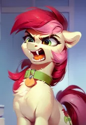 Size: 646x944 | Tagged: safe, ai content, derpibooru import, machine learning generated, prompter:doom9454, stable diffusion, roseluck, earth pony, pony, angry, behaving like a cat, chest fluff, collar, fangs, g4, generator:purplesmart.ai, hissing, image, jpeg, pet tag, pony pet, rosepet, solo