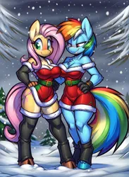 Size: 1688x2304 | Tagged: suggestive, ai content, derpibooru import, machine learning generated, prompter:darkfire681, fluttershy, rainbow dash, anthro, unguligrade anthro, breasts touching, christmas, clothes, costume, duo, female, flutterdash, g4, generator:easyfluff v11.2, gloves, holiday, image, leggings, lesbian, png, santa costume, shipping, snow