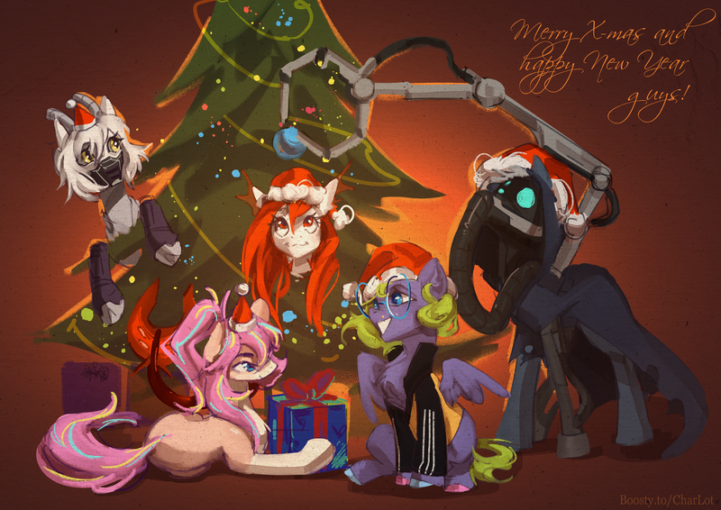 Size: 3508x2480 | Tagged: safe, artist:charlot, derpibooru import, oc, oc:bijou butterfly, oc:charlot, oc:gear works, oc:mantis, oc:seadance, earth pony, goat, merpony, pegasus, augmentation, christmas, christmas lights, christmas tree, crossover, earth pony oc, fish tail, happy new year, hat, holiday, image, merry christmas, pegasus oc, png, ponysona, present, robotic arm, santa hat, servo arm, tail, tree, warhammer (game), warhammer 40k, wings