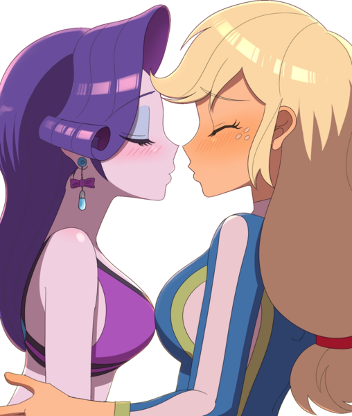 Size: 1460x1723 | Tagged: safe, artist:haibaratomoe, derpibooru import, edit, editor:itsmgh1203, applejack, rarity, human, equestria girls, equestria girls series, forgotten friendship, blushing, breasts, breasts touching, busty applejack, busty rarity, clothes, duo, duo female, ear piercing, earring, eye clipping through hair, eyebrows, eyebrows visible through hair, eyes closed, female, freckles, g4, image, imminent kissing, jewelry, lesbian, piercing, png, rarijack, shipping, simple background, swimsuit, transparent background
