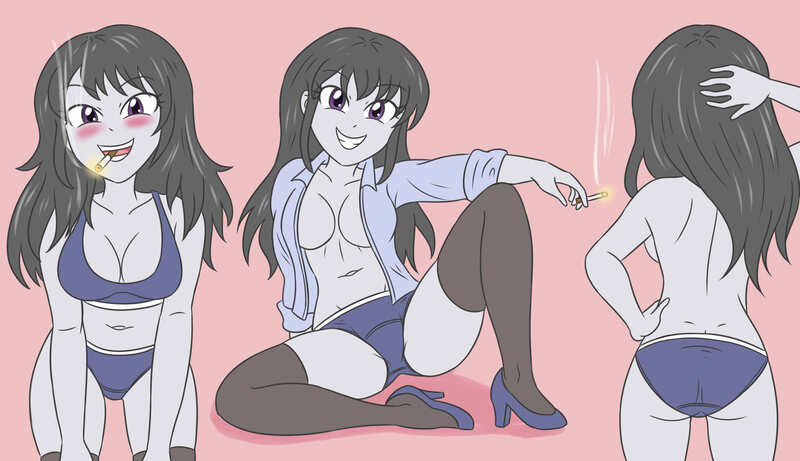 Size: 4950x2854 | Tagged: suggestive, artist:sumin6301, derpibooru import, octavia melody, human, equestria girls, 2d, ass, belly button, blushing, breasts, busty octavia melody, butt, button-up shirt, cigarette, cleavage, clothes, collar, eyebrows, eyebrows visible through hair, female, high heels, image, jpeg, long sleeves, looking at you, midriff, pink background, shirt, shoes, sideboob, simple background, sitting, smiling, smiling at you, socks, sports bra, sports panties, thigh highs