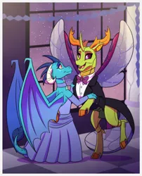 Size: 827x1026 | Tagged: safe, artist:inuhoshi-to-darkpen, derpibooru import, princess ember, thorax, changedling, changeling, dragon, ballroom, bowtie, clothes, commission, dancing, dress, embrax, female, grand galloping gala, image, jpeg, king thorax, male, shipping, straight, suit, tuxedo