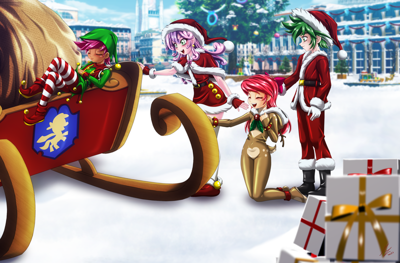 Size: 2996x1971 | Tagged: safe, alternate version, artist:mauroz, derpibooru import, apple bloom, scootaloo, spike, sweetie belle, human, anime, boots, christmas, christmas presents, christmas tree, clothes, costume, cutie mark crusaders, eyes closed, g4, hat, holiday, humanized, image, open mouth, png, present, santa costume, santa hat, shoes, tree