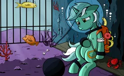 Size: 2480x1531 | Tagged: safe, artist:theponypretender, derpibooru import, lyra heartstrings, crab, fish, comic:a lyrabon adventure, ball and chain, chains, comic, cropped, diving helmet, female, g4, helmet, image, png, prison, sad, scuba gear, solo, underwater, water