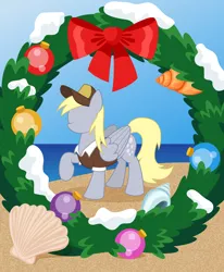 Size: 2700x3280 | Tagged: safe, derpibooru import, derpy hooves, pegasus, pony, fanfic:sandy hooves and "sea"-sons greetings, beach, bow, cover art, fanfic art, female, fimfiction, hat, hearth's warming, image, jpeg, mailmare, mailmare hat, mailmare uniform, mare, ocean, ornament, sand, seashell, snow, solo, solo female, water, wreath