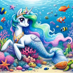 Size: 3072x3072 | Tagged: safe, ai content, derpibooru import, machine learning generated, prompter:bellaswangirl71, princess celestia, alicorn, fish, mermaid, merpony, pony, seapony (g4), starfish, turtle, bubble, coral, crepuscular rays, crown, cute, ethereal mane, female, fish tail, flowing mane, flowing tail, folded wings, g4, gem, horn, image, jewelry, jpeg, looking at you, mare, ocean, peytral, pink eyes, regalia, scales, sealestia, seaponified, seapony celestia, seaweed, smiling, smiling at you, solo, sparkles, species swap, starry mane, stars, sunlight, swimming, tail, underwater, water, wings