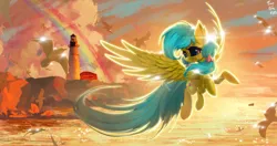 Size: 4096x2160 | Tagged: safe, artist:tinybenz, derpibooru import, oc, oc:zoran, oc:左岸, unofficial characters only, pegasus, pony, image, lighthouse, png, rainbow, sunshine