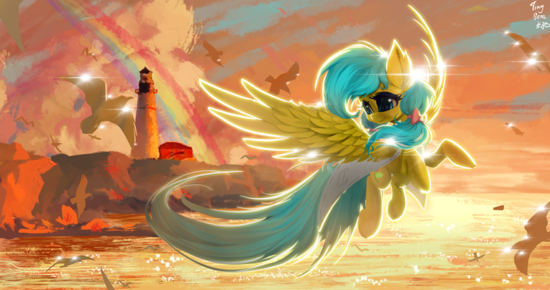 Size: 4096x2160 | Tagged: safe, artist:tinybenz, derpibooru import, oc, oc:zoran, oc:左岸, unofficial characters only, pegasus, pony, doctor, image, lighthouse, png, rainbow, sunshine