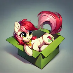 Size: 4096x4096 | Tagged: safe, ai content, derpibooru import, machine learning generated, prompter:doom9454, stable diffusion, roseluck, pony, behaving like a cat, box, collar, cute, generator:purplesmart.ai, image, jpeg, pet tag, pony in a box, pony pet, rosepet