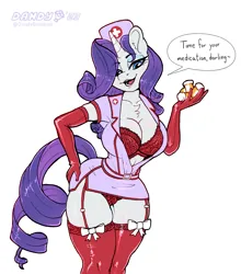 Size: 2436x2770 | Tagged: suggestive, artist:dandy, derpibooru import, rarity, anthro, unicorn, big breasts, bow, bra, breasts, busty rarity, chest fluff, cleavage, clothes, darling, dialogue, eye clipping through hair, eyebrows, eyebrows visible through hair, eyeshadow, female, gloves, hand on hip, hat, high res, horn, image, lingerie, long gloves, makeup, medicine, nurse, nurse hat, nurse outfit, panties, pill bottle, png, simple background, socks, solo, solo female, speech bubble, stockings, text, thigh highs, underwear, white background