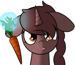 Size: 1310x1133 | Tagged: safe, artist:polynya, oc, oc:volare, unofficial characters only, pony, unicorn, braid, bust, carrot, confused, food, horn, image, magic, offscreen character, open mouth, png, simple background, solo, telekinesis, transparent background, unicorn oc