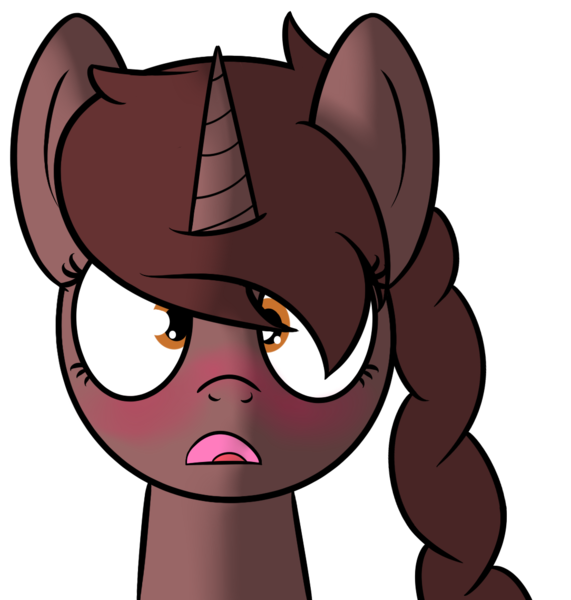 Size: 1084x1139 | Tagged: suggestive, artist:polynya, oc, oc:volare, unofficial characters only, pony, unicorn, blushing, braid, bust, carrot, food, horn, image, implied foodplay, open mouth, png, simple background, surprised, transparent background, unicorn oc