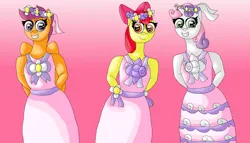 Size: 2876x1648 | Tagged: safe, artist:mojo1985, derpibooru import, apple bloom, scootaloo, sweetie belle, anthro, earth pony, pegasus, unicorn, apple bloom's bow, bow, clothes, cutie mark crusaders, dress, female, flower, flower filly, flower girl, flower girl dress, flower in hair, grin, hair bow, hands behind back, image, png, smiling, trio