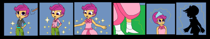 Size: 1920x360 | Tagged: safe, artist:mojo1985, derpibooru import, scootaloo, human, equestria girls, alternate hairstyle, clothes, dress, female, flower girl, flower girl dress, humanized, image, jpeg, smiling, solo, solo female, transformation, transformation sequence, transforming clothes