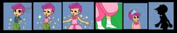 Size: 1920x360 | Tagged: safe, artist:mojo1985, derpibooru import, scootaloo, human, equestria girls, alternate hairstyle, clothes, dress, female, flower girl, flower girl dress, humanized, image, jpeg, smiling, solo, solo female, transformation, transformation sequence, transforming clothes