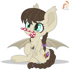 Size: 2000x2000 | Tagged: safe, artist:r4hucksake, derpibooru import, oc, oc:cookie cream, bat pony, pony, candy, candy cane, female, filly, foal, food, image, mouth hold, png, simple background, solo, transparent background