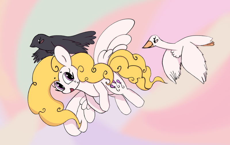 Size: 2942x1858 | Tagged: safe, artist:violavaquita, ponerpics import, bird, crow, pegasus, pony, swan, g1, female, flying, image, mare, open mouth, png, spread wings, surprise (g1), wings