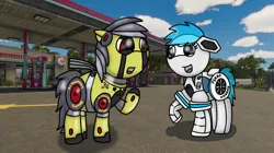 Size: 750x421 | Tagged: safe, artist:foxfer64_yt, derpibooru import, oc, oc:acceron, oc:thunder (gp.r 64000 robot pony), original species, pony, robot, robot pony, asking, city, day, duo, floppy ears, gas station, hawaii, image, jpeg, looking at each other, looking at someone, photo, raised hoof, talking