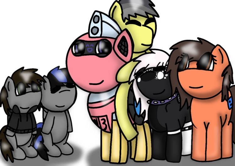 Size: 749x531 | Tagged: safe, artist:foxfer64_yt, derpibooru import, oc, oc:juju, oc:onyxstar (fl), oc:razor uniboop, oc:robertapuddin, oc:thunder (fl), oc:trackhead, unofficial characters only, earth pony, original species, pegasus, pony, robot, robot pony, eyes closed, group hug, group photo, happy, hug, image, jpeg, looking at each other, looking at someone, riding, riding a pony, sitting, smiling