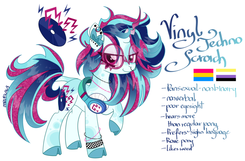Size: 1920x1265 | Tagged: safe, artist:mrufka69, derpibooru import, vinyl scratch, pony, alternate design, augmented horn, cloven hooves, ear piercing, earring, headphones, horn, image, jewelry, mouthpiece, nose piercing, nose ring, piercing, png, politics, pride flag, reference sheet, solo, sunglasses, twitterina design