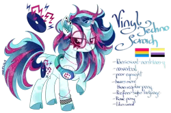 Size: 1920x1265 | Tagged: safe, artist:mrufka69, derpibooru import, vinyl scratch, pony, alternate design, augmented horn, cloven hooves, ear piercing, earring, headphones, horn, image, jewelry, mouthpiece, nose piercing, nose ring, piercing, png, politics, pride flag, reference sheet, solo, sunglasses, twitterina design