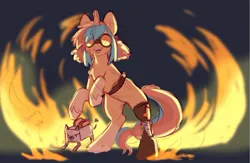 Size: 963x627 | Tagged: safe, artist:cheekipone, ponerpics import, oc, oc:star screw, unofficial characters only, dog, pony, unicorn, amputee, belt, female, fire, goggles, hair tie, horn, image, jpeg, mare, pet, prosthetic leg, prosthetic limb, prosthetics, pyromania, pyromaniac, rearing, sketch, smiling, solo, teeth, unicorn oc, unshorn fetlocks