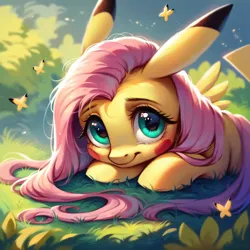 Size: 4096x4096 | Tagged: safe, ai content, derpibooru import, machine learning generated, prompter:pawels, stable diffusion, fluttershy, butterfly, hybrid, insect, pegasus, pikachu, poképony, pony, crossover fusion, crying, cute, eyebrows, female, g4, generator:pony diffusion v6 xl, generator:purplesmart.ai, image, looking at you, lying down, mare, outdoors, png, pokefied, pokémon, prone, shyabetes, solo, teary eyes