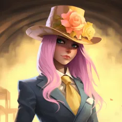 Size: 1024x1024 | Tagged: safe, ai content, derpibooru import, editor:jesterofdestiny, machine learning generated, fluttershy, human, clothes, flower, generator:midjourney, hat, humanized, image, looking at you, necktie, png, suit